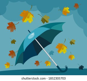 Autumn, cloud, leaf fall, umbrella. Flat vector illustration
