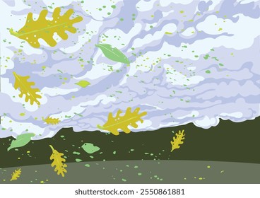 Nuvens e folhas de outono movidas pelo vento
