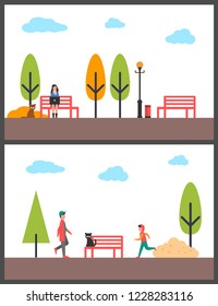 Autumn cloudy spending time near red bench in park. Trees and lanterns with urn. Walking people and sitting black cat and busy woman vector illustration
