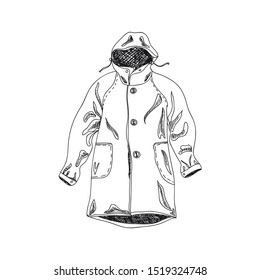 Autumn coat hand drawn vector illustration. Raincoat sketch design element isolated on white background. Fashion fall season clothing. Outerwear, parka coat ink pen freehand drawing