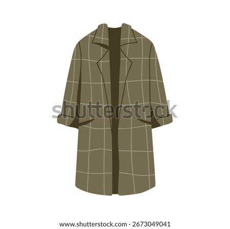 Autumn coat with thin checkered grid pattern. Fall outerwear. Casual clothing, apparel, garment. Warm wearing for modern seasonal outfit. Flat vector illustration isolated on white background