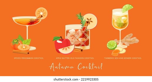 Conjunto vectorial de cócteles de otoño. Caer alcohol de fruta tres bebidas de vidrio con manzana, lima, bourbon, persimmon, ginebra, jengibre, cúrcuma, especias, whisky. Todo lo que necesitas para la fiesta