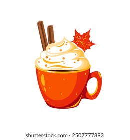 Autumn cocoa with whipped cream, latte, coffee with pumpkin spices, hot chocolate. Autumn hot drink. Vector illustration.