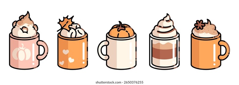 Autumn coffee cup collection - mug with whipped cream, orange drinks topped with maple leaf and pumpkin decorations, layered latte, spiced beverage. Cozy fall cafe illustrations for seasonal menus.