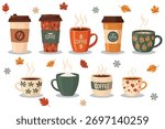 Autumn Coffee Cups Collection – Flat vector illustration of various autumn-themed coffee cups and take-out coffee mugs with falling leaves. Warm cozy drink concept for fall season, café menu