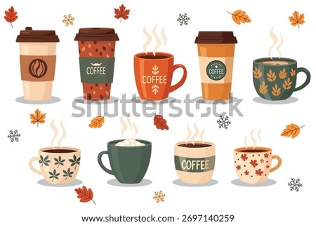 Autumn Coffee Cups Collection – Flat vector illustration of various autumn-themed coffee cups and take-out coffee mugs with falling leaves. Warm cozy drink concept for fall season, café menu