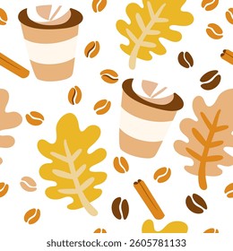  Autumn coffee cups with oak leaves Seamless pattern background ideal for wrapping paper, fabric, textile etc.