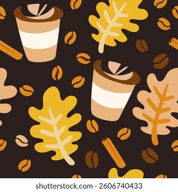  Autumn coffee cups with oak leaves Seamless pattern background ideal for wrapping paper, fabric, textile etc.