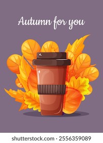 Autumn coffee design with leaves. Vector illustration of coffee composition with leaves. Leaf bouquet design