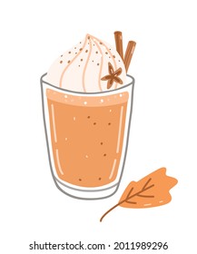 Autumn coffee drink - pumpkin spice latte with whipped cream and cinnamon. Vector hand-drawn illustration in cartoon flat style. Perfect for cards, invitations, decorations, menu, holiday designs.