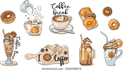 Autumn coffee, hot drinks, hot chocolate, sweets vector illustration set