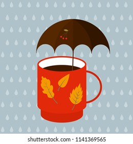 Autumn coffee mug with an umbrella and fallen leaves on a background of rain. Vector illustration.