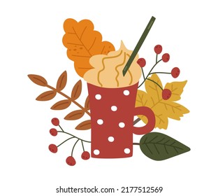 Autumn coffee in a mug with whipped cream. Vector cartoon illustration with fallen colorful leaves and berries. Pumpkin Latte applique for design, decoration, T-shirt printing