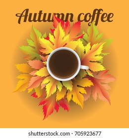 Autumn coffee realistic vector background leaves in park picnic mug and lettering 