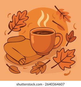 Autumn Coffee and Scarf with Falling Leaves