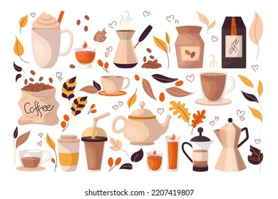 Autumn coffee shop elements flat vector illustrations set. Collection of cartoon drawings of coffee cups, barista tools for cafe menu design in boho style on white background. Autumn, coffee concept