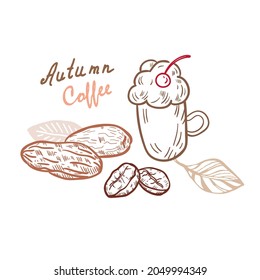 Autumn coffee vector illustration with dates, coffee beans and decorative leaves. Vintage loo style. Warm, cozy feel.