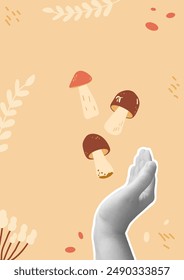 Autumn collage background. Hand catching mushroom. Vector mixed illustration.