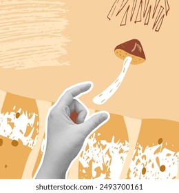 Autumn collage background. Hand sticker catching mushroom. Vector mixed illustration.