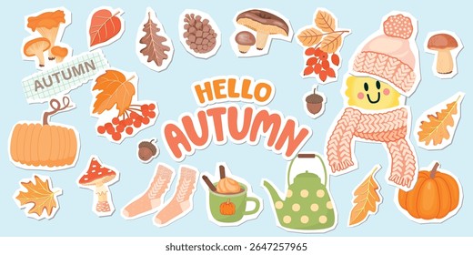 Autumn collage elements set with lettering, forest mushrooms, leaves, twigs with berries, knitted hat and scarf, teapot, mug with drink, pumpkins, socks.Vector cartoon object with paper cut shapes.