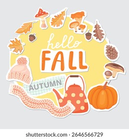 Autumn collage elements set with mushrooms, leaves, teapot, warm hat and scarf, pine cone, acorn, pumpkin. Hello fall poster with cartoon objects and paper cut shapes. Vector design for banner.