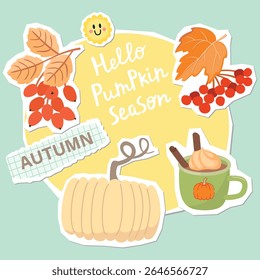 Autumn collage elements set with pumpkin, leaves,berries and drink. Hello Pumpkin season poster with cartoon objects and paper cut shapes. Yellow, red, orange,green and beige colors.Vector design.