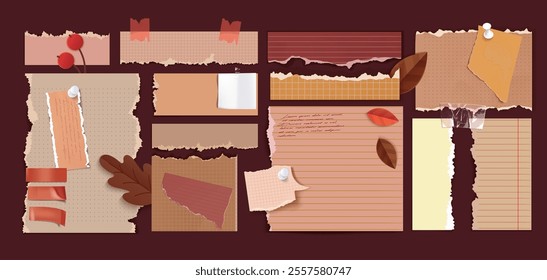 Autumn collage with torn paper in warm beige and terracotta colors, brown oak leaves, red berries and handwritten notes. Textured ripped pages for fall season scrapbooks or nostalgic mood boards.
