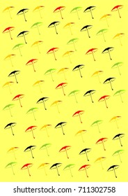 Autumn collage. Umbrellas on a yellow background