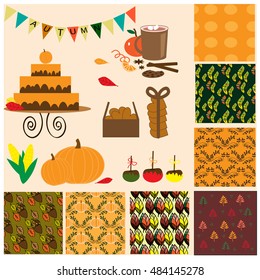 Autumn collection with 7 seamless patterns, food and other element