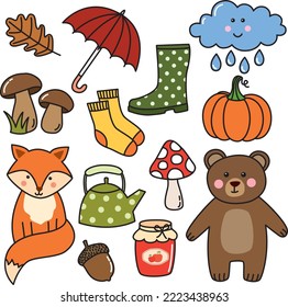 Autumn collection of animals and elements. Vector illustration