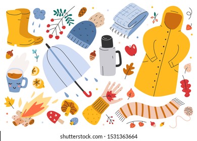 Autumn collection, big set of hand drawn illustrations of fall symbols, vector clip arts. Leaves, bonfire, umbrella, clothes and outfit of rainy weather, seasonal outdoors activities. sticker pack.