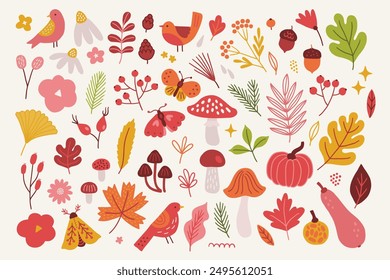 Autumn collection - birds, flower, berry, butterfly, mushroom, briar, leaves, acorn, pumpkin, rowanberry, star in Pink, Yellow, Green, White, Brown. Perfect for seasonal greetings and Thanksgiving Day