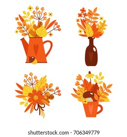 Autumn collection of bright compositions with leaves, berries and mushrooms.