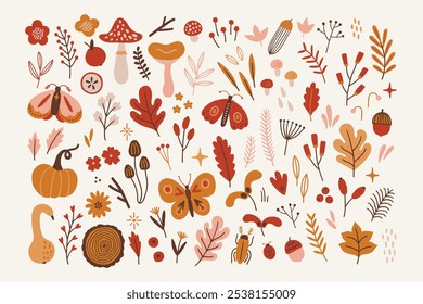 Autumn collection - butterflies, mushrooms, apple, flowers, pumpkins, berries, stars, acorns, oak leaves in Pink, Yellow, Orange, White, Brown. Perfect for seasonal greetings and Thanksgiving Day