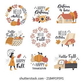 Herbstkollektion mit kalligrafischen Designelementen. Herbstblätter, Kürbisse, Kränze und andere. Perfekt für Web, Karte, Poster, Cover, Tag, Einladung, Aufkleber Kit. Vektorgrafik