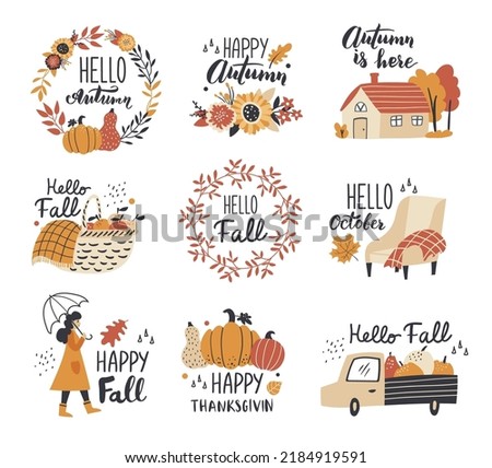 Autumn collection with calligraphy design elements. Fall leaves, pumpkins, wreaths, and other. Perfect for web, card, poster, cover, tag, invitation, sticker kit. Vector illustration