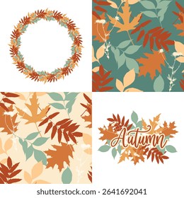 Autumn collection of cards with decorative seamless patterns and hand lettering. Wreath of autumn leaves. Vector illustration