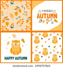 Autumn collection of cards and patterns with cute owl, leaves and acorns