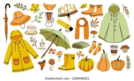 Autumn collection. Cartoon fall vibe icons, cozy clothing umbrella raincoat leaves and warm food elements for fall season. Vector hello autumn set of autumn fall mood illustration