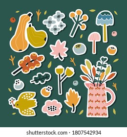 Autumn collection of cartoon stickers with natural elements. Bird, berries, flowers, leaves, jug, mushrooms isolated on dark green backdrop. Vector hand drawn nature set. For web, apps, sticker print.