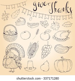 Autumn collection of contour vector elements for Thanksgiving Day: pumpkins, apple, leaves, hat, acorn, flags, turkey, bird, corn, grapes, fruit basket, orange, wheat, berries, pumpkin pie