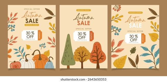 Autumn collection, autumn cozy set, design for posters, banner, greeting cards, stickers, sale