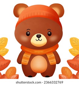 Autumn collection. A cute brown bear wearing autumn costume. Vector illustration drawing.