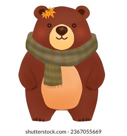 Autumn collection. A cute brown bear wearing autumn costume. Vector illustration drawing.
