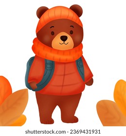 Autumn collection. A cute brown bear wearing autumn costume. Vector illustration drawing.