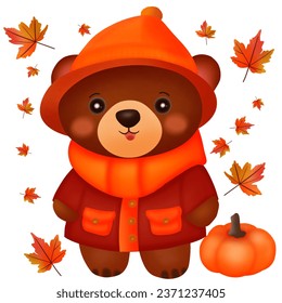 Autumn collection. A cute brown bear wearing autumn costume. Vector illustration drawing.