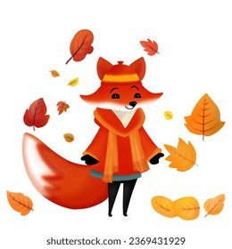 Autumn collection. A cute fox cartoon character wearing autumn costume. Vector illustration drawing.