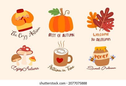 Autumn collection of decorative season elements such as beautiful label design, Vector illustration isolated on cream color background.