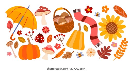 Colección otoñal de elementos decorativos de temporada como paraguas, setas, hojas, flores, bufanda, calabaza, insectos, mariquita y abeja, ilustración vectorial aislada en fondo blanco.