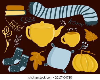 Autumn collection of elements, set with a mug, teapot, scarf, pillow, socks, books, autumn leaves, flowers, berries, home collection for a spectacular evening, cute illustration, cartoon style, vector